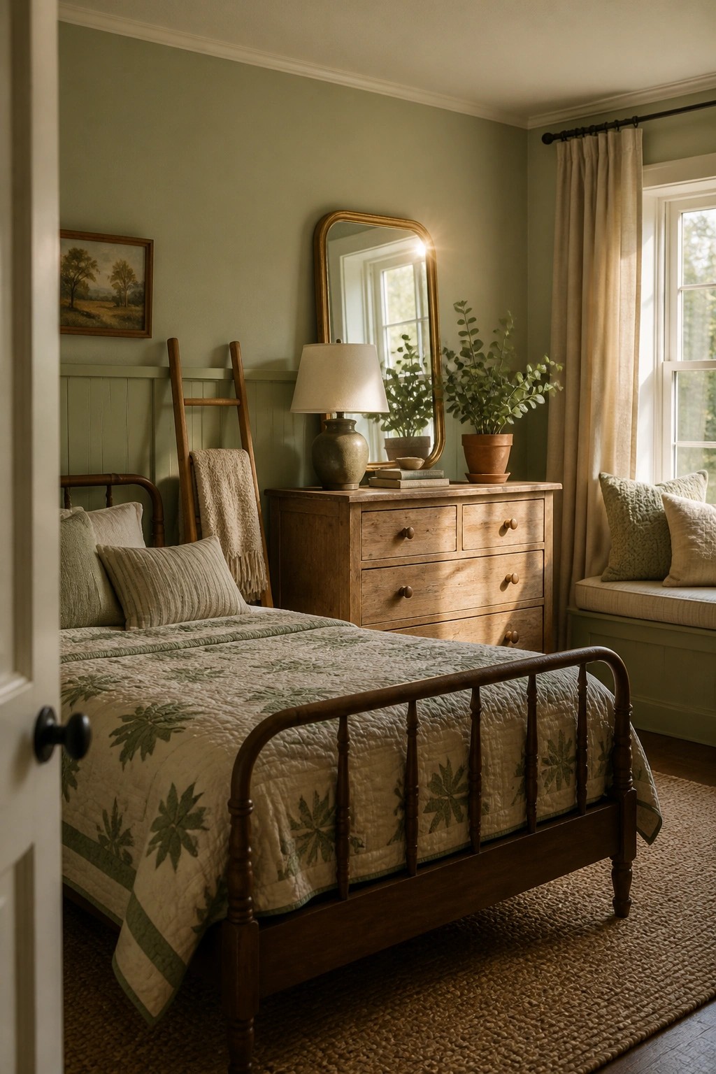 A farmhouse bedroom with sage green walls, a wooden bed with a green patterned quilt, a wooden dresser, and a large mirror above it.