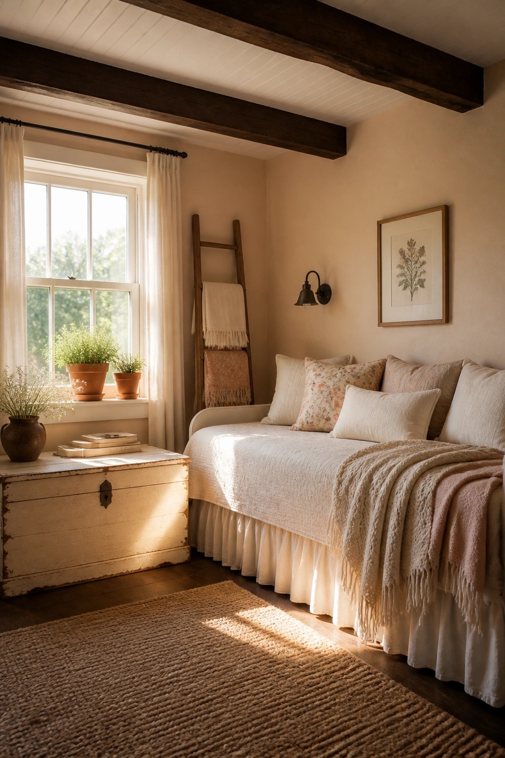 A farmhouse bedroom with warm beige walls, a wooden daybed with layered linens, a wooden ladder, and sunlight coming through a large window.