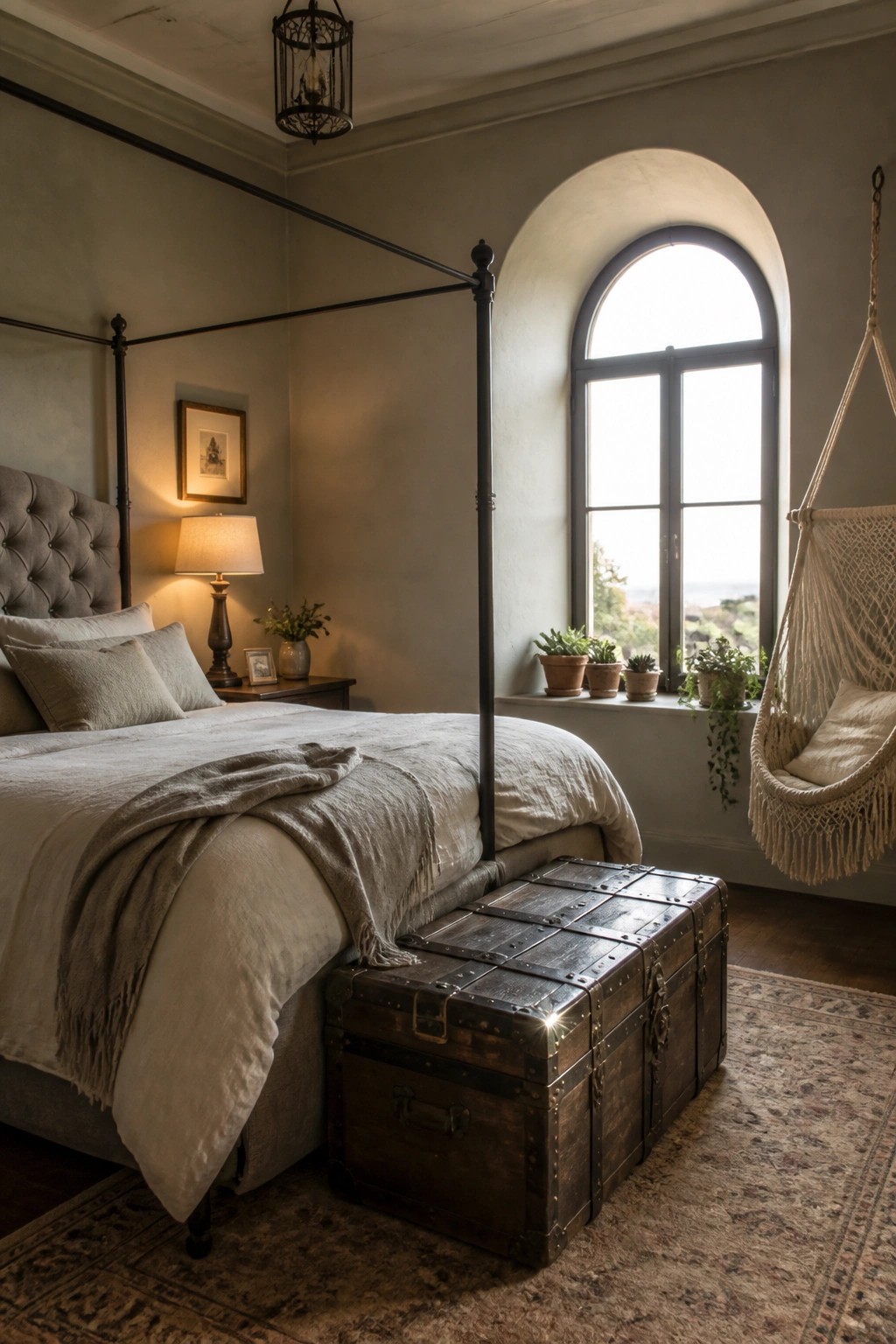 A bedroom with a four-poster bed dressed in light linen, a dark wooden trunk at the foot, a hanging macrame chair, and an arched window on a muted gray-beige wall.