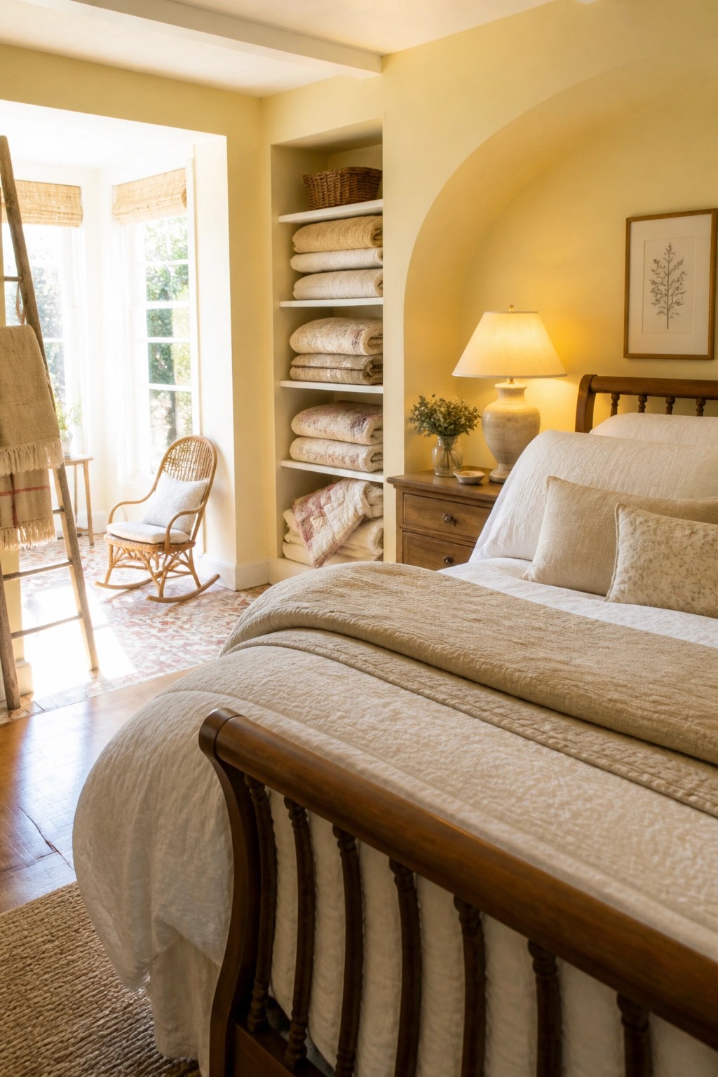 A farmhouse bedroom with pale yellow walls, a wooden bed with white bedding, and built-in shelves holding folded linens.