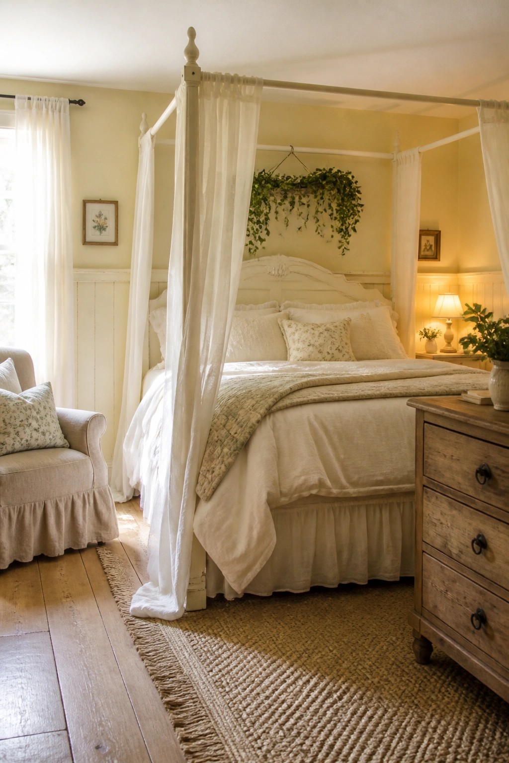 A farmhouse bedroom with pale yellow walls, a white canopy bed, white bedding, and wooden furniture including a dresser and armchair.