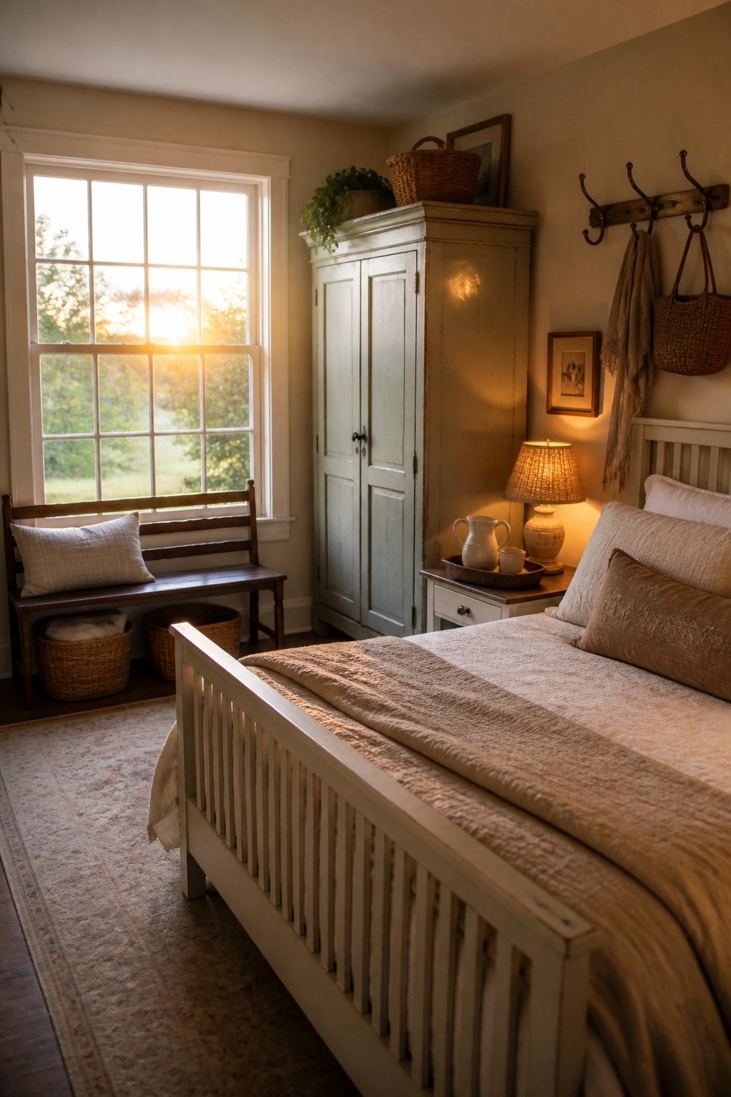 A farmhouse bedroom with warm neutral walls, a sage green armoire, a white bed, and sunlight coming through a large window.