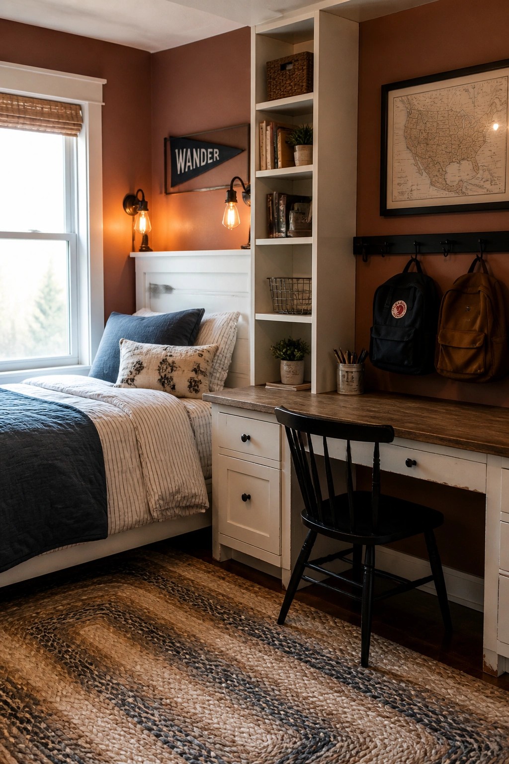 A farmhouse bedroom with warm terracotta walls, a bed with blue and striped linens, a built-in white desk and shelves, and a framed map on the wall.