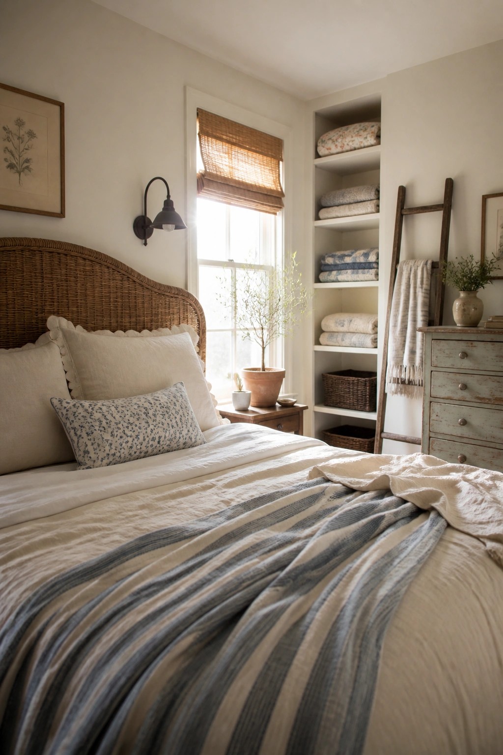 A bedroom interior showing a bed with white and blue striped linens, a woven headboard, and white built-in shelves holding folded neutral textiles beside a window.