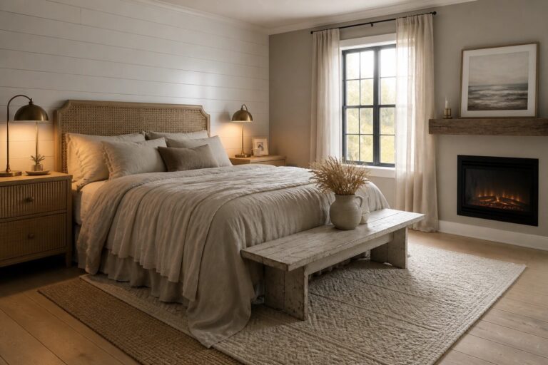 24 Farmhouse Color Palette Ideas Built Around Soft Neutrals A farmhouse bedroom with a large bed dressed in off-white linen bedding, layered rugs on hardwood floors, a wooden bench at the foot of the bed, and a fireplace on the far wall.