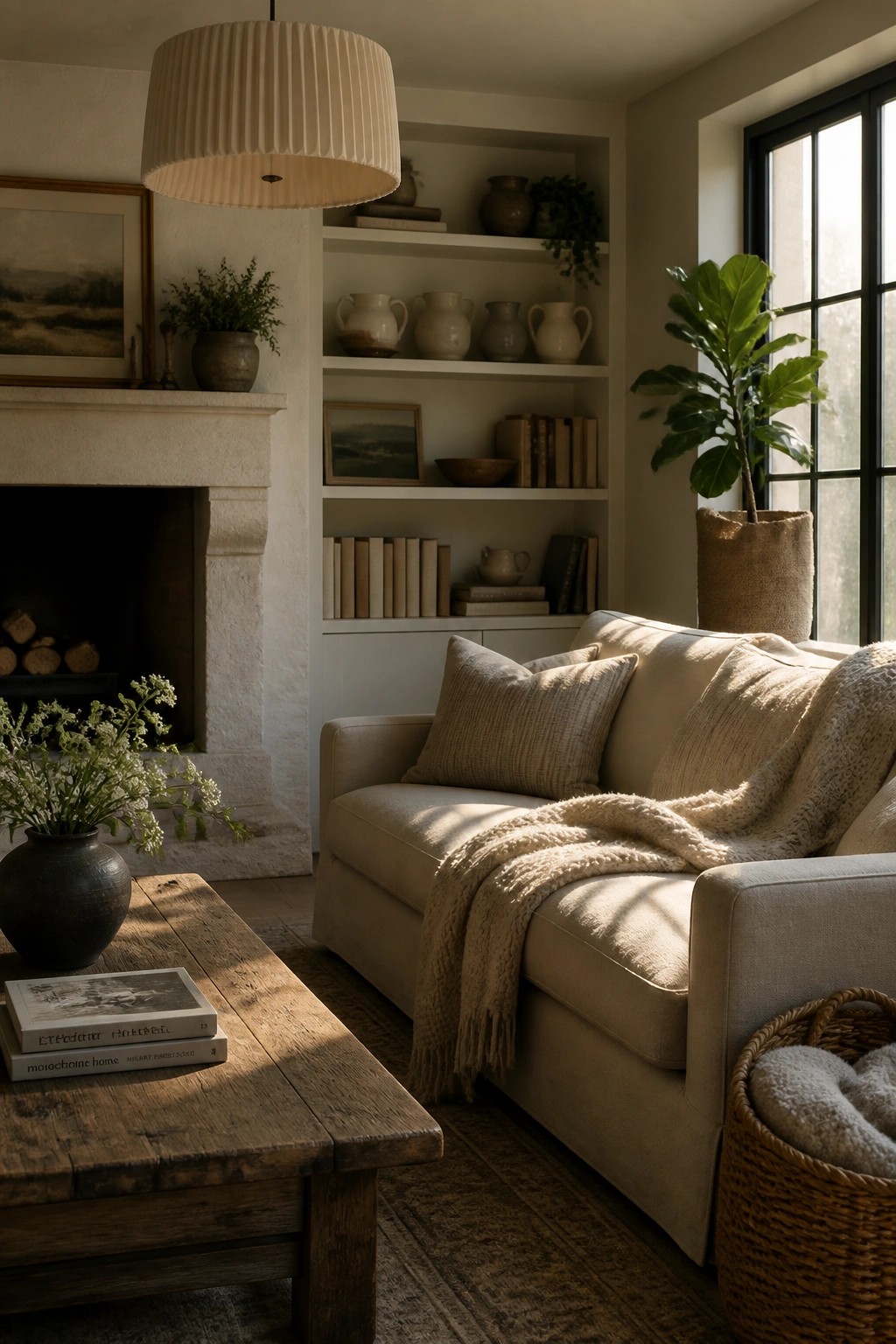 A living room featuring a beige sofa with textured pillows and a chunky throw, built-in white shelves holding books and pottery, a stone fireplace, and a wooden coffee table.