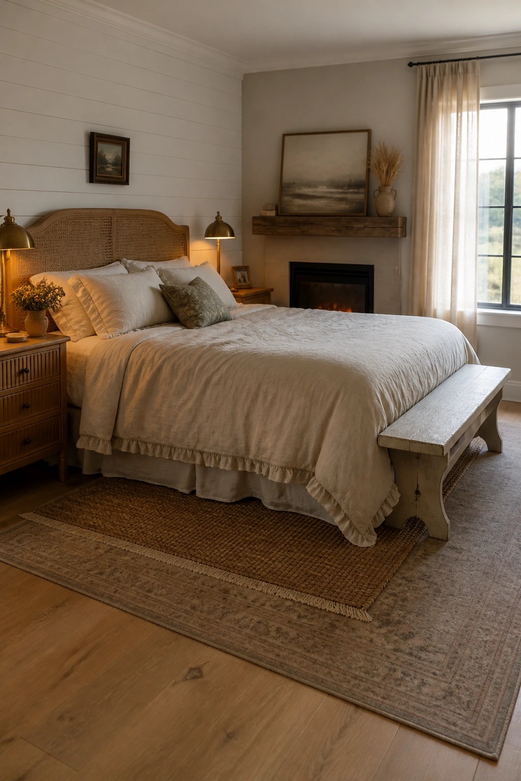 A farmhouse bedroom with a large bed dressed in off-white linen bedding, layered rugs on hardwood floors, a wooden bench at the foot of the bed, and a fireplace on the far wall.