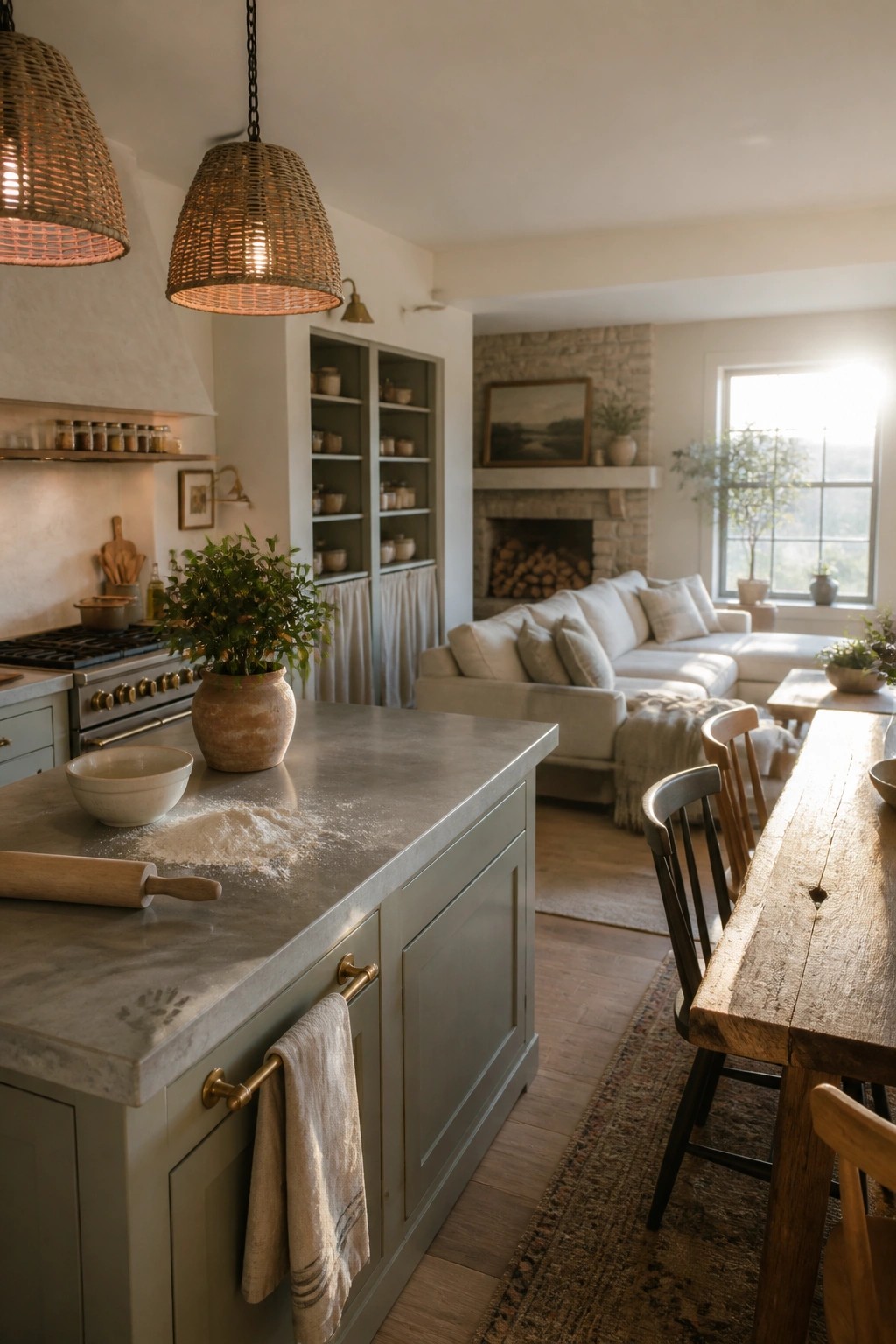 A kitchen with sage green cabinets, a stone countertop, and a wooden dining table, opening into a living room with a white sofa and stone fireplace.