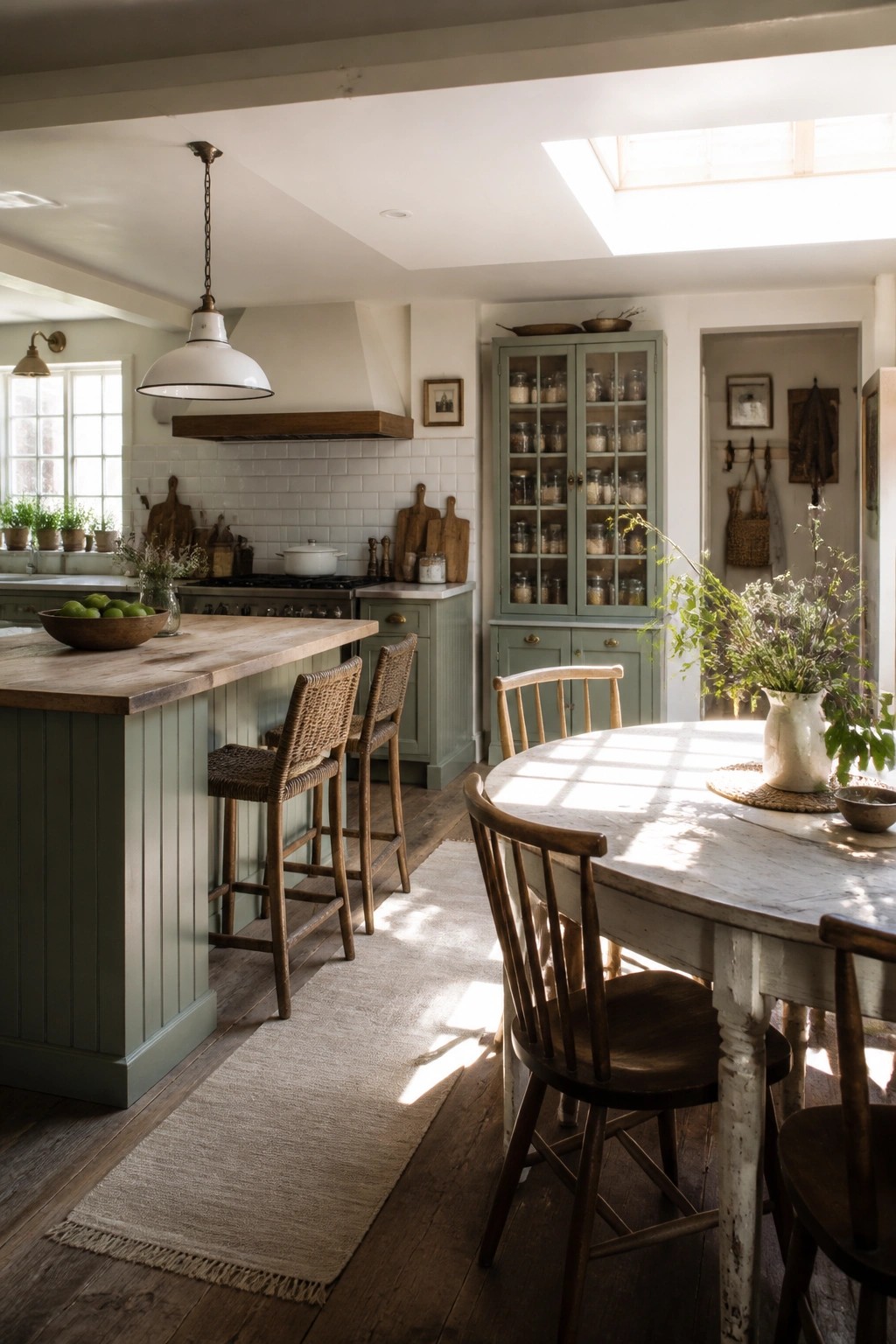 A bright farmhouse kitchen with sage green cabinets, a wooden island, woven bar stools, a white dining table, and sunlight streaming from a skylight.