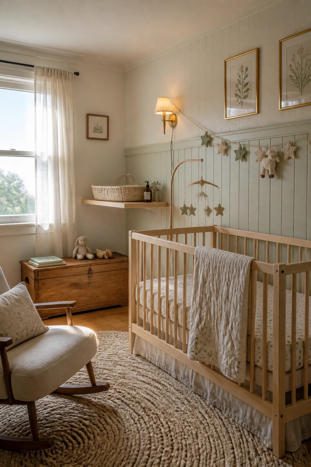 A bright nursery with light green wainscoting, a wooden crib, a rocking chair on a round jute rug, and framed prints on the wall.