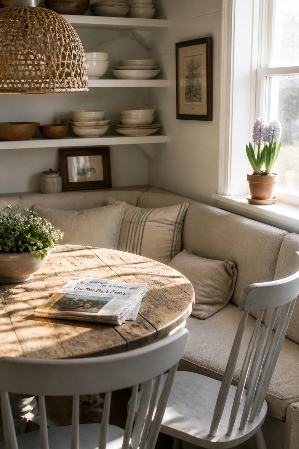 Cozy dining nook with round wooden table, newspaper, white chairs, and beige bench seating