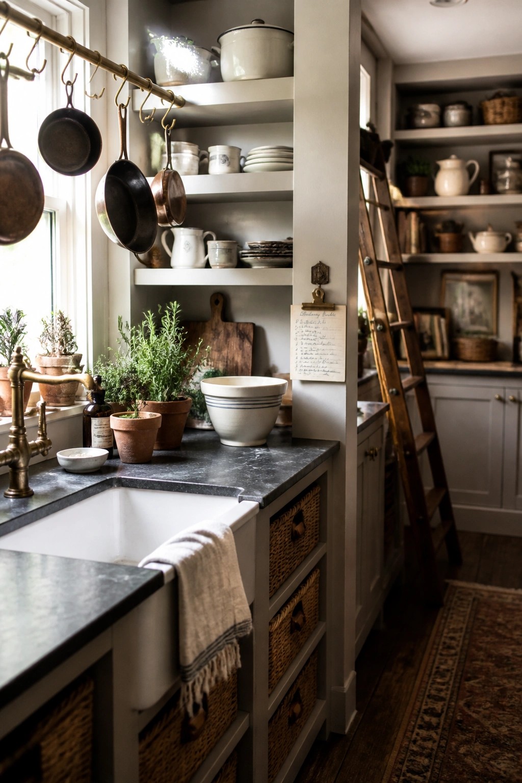 Rustic kitchen with white farmhouse sink, hanging pans, open shelves, and potted herbs.