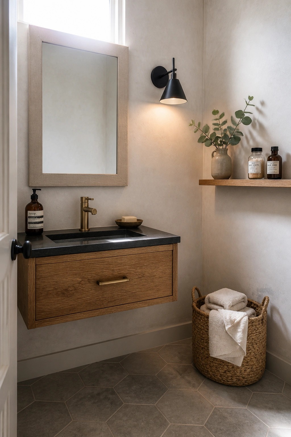 A modern farmhouse bathroom with a floating wood vanity, black stone countertop, brass faucet, and soft beige walls under a black wall sconce.