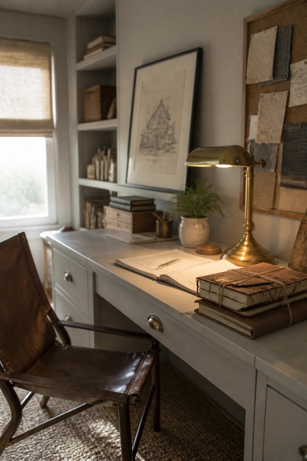 A home office with a light gray desk, brown leather chair, open notebook, brass desk lamp, and built-in shelves on pale walls.