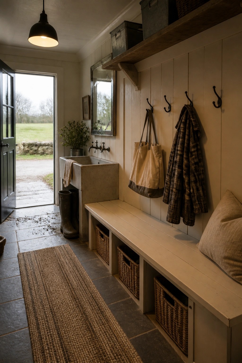 A farmhouse mudroom interior featuring a long wooden bench with storage baskets below, wall hooks holding bags and coats, a concrete sink, and an open door to the outdoors.