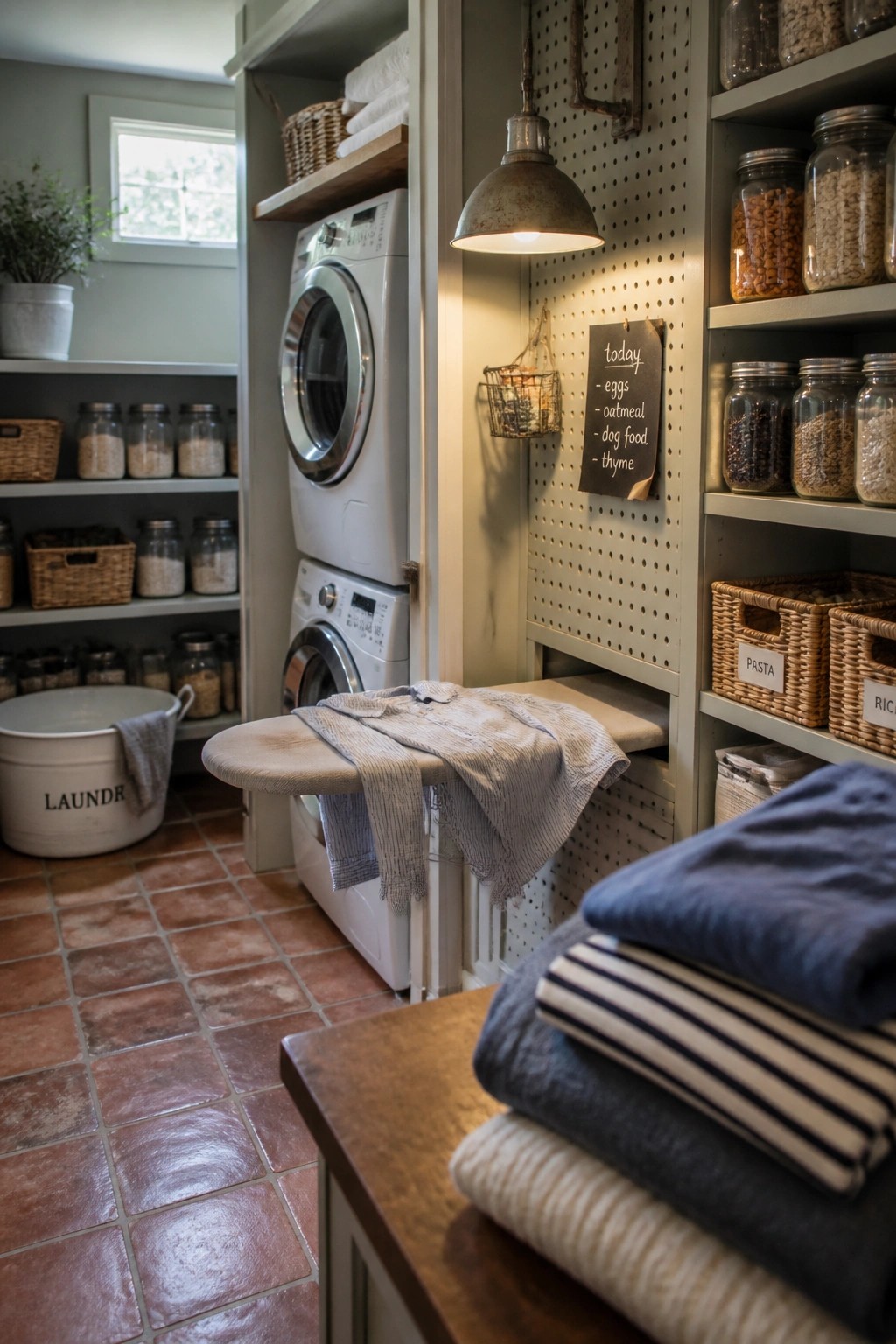 A compact laundry room with a white front-loading washer, gray walls, a pegboard panel, wooden shelves holding glass jars and baskets, and folded linens on a counter.