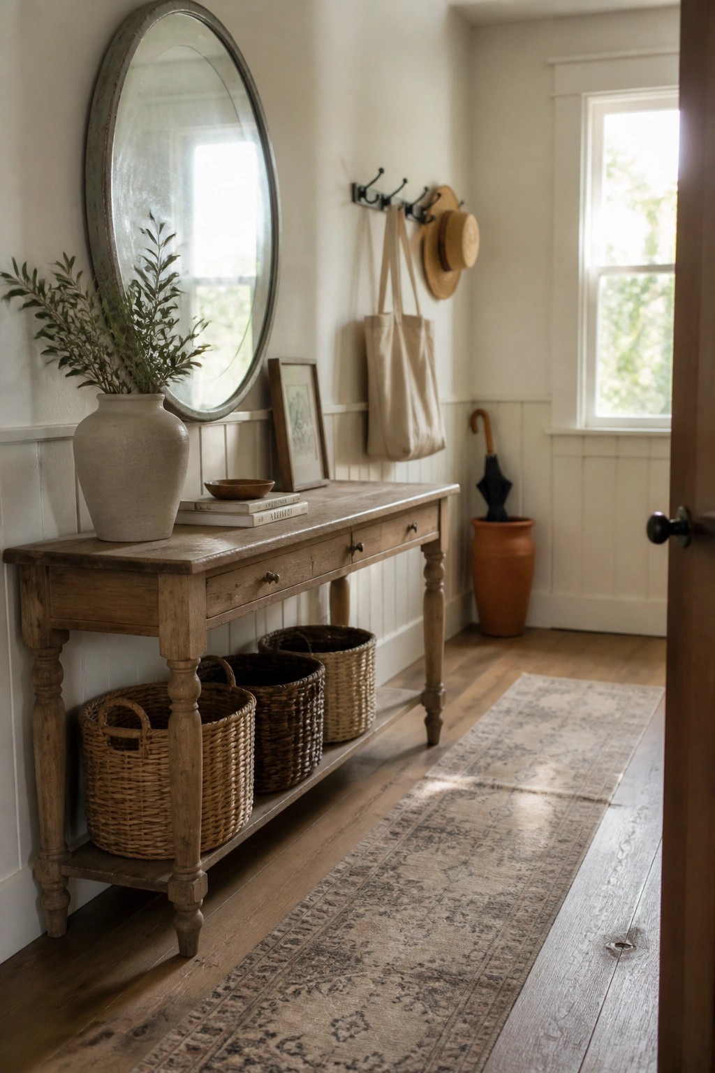 A wooden console table with three woven baskets on the lower shelf sits against white wainscoted walls beneath a large round mirror, with a long neutral rug on the wood floor.