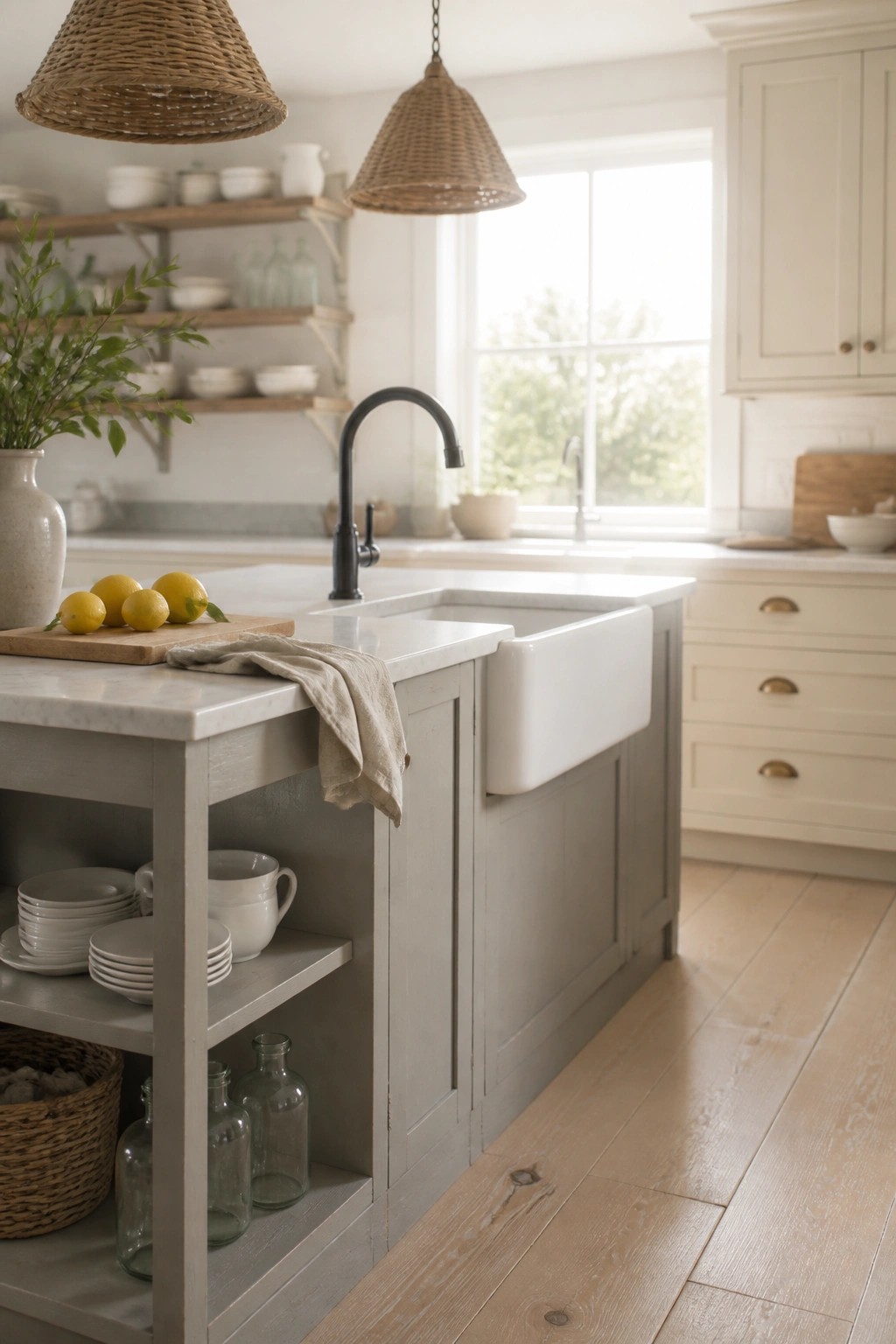 A kitchen with soft gray cabinets, a white farmhouse sink, marble countertops, an island with open shelving, and two woven pendant lights.