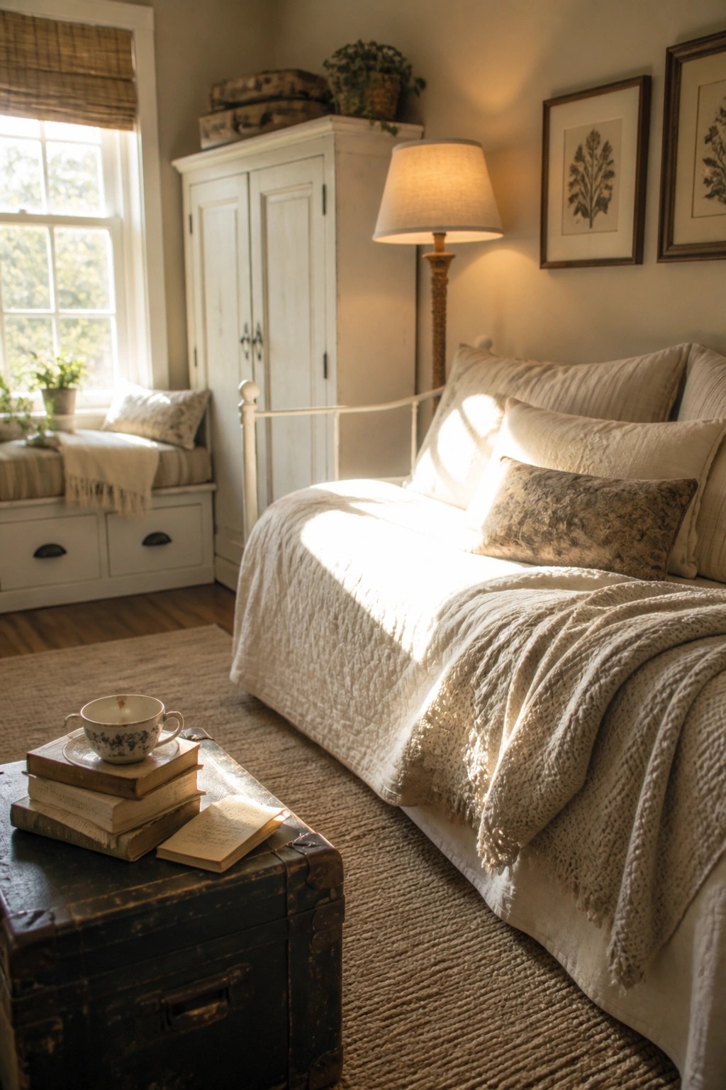 A bedroom with a white metal bed dressed in cream linens, a window seat, white wardrobe, floor lamp, framed prints on the wall, and a dark trunk in the foreground.