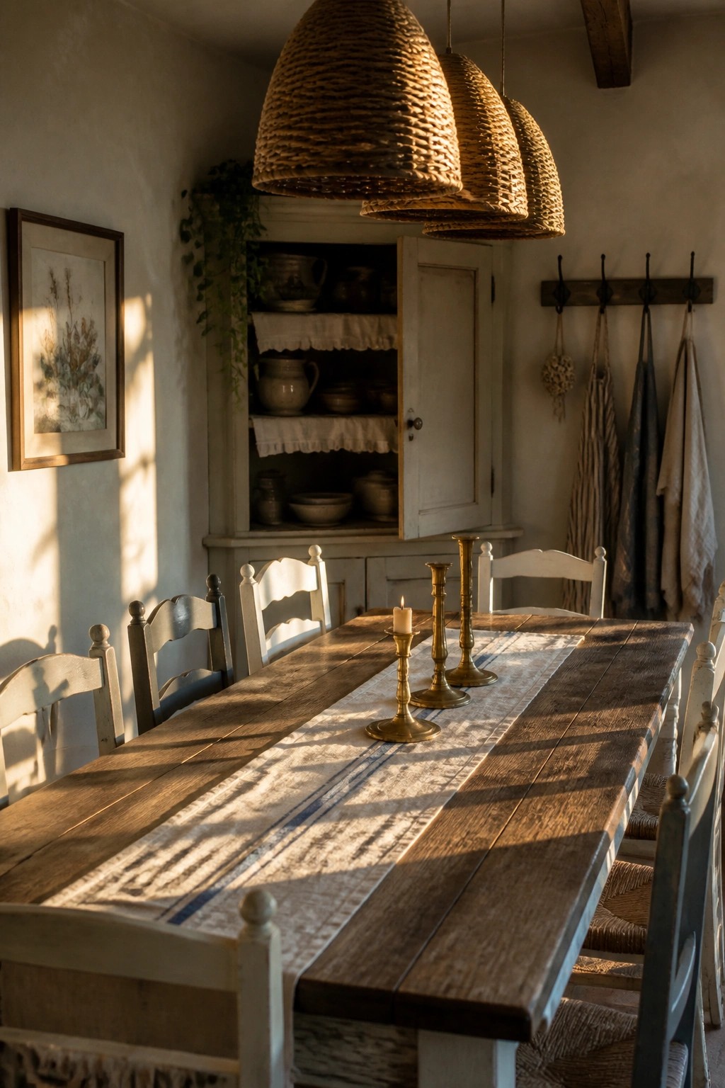 A rustic wooden dining table with brass candlesticks and a striped linen runner, surrounded by white and gray chairs under woven pendant lights in a sunlit room with a white hutch.