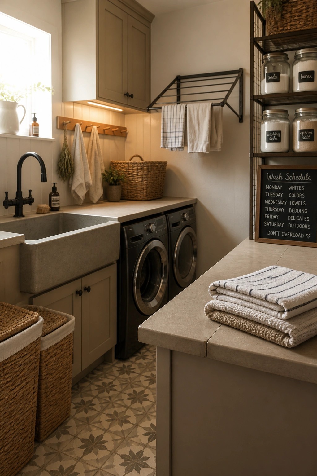 A farmhouse laundry room featuring greige cabinets, a concrete sink, black front-loading washer and dryer, woven baskets, and a wall-mounted chalkboard schedule.