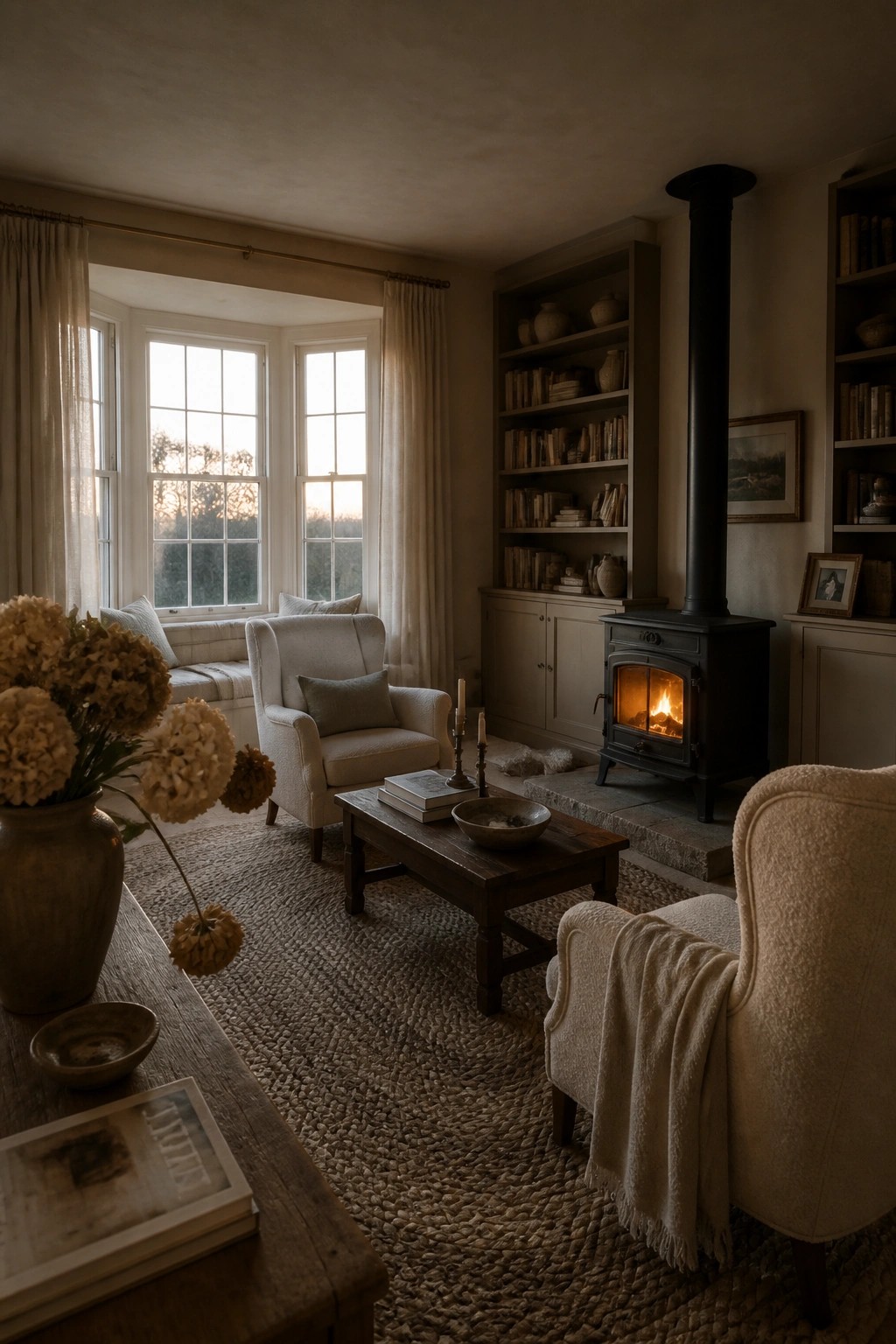 A living room with a black wood stove, built-in bookshelves, cream armchairs, a wooden coffee table on a braided rug, and a large window with sheer curtains.