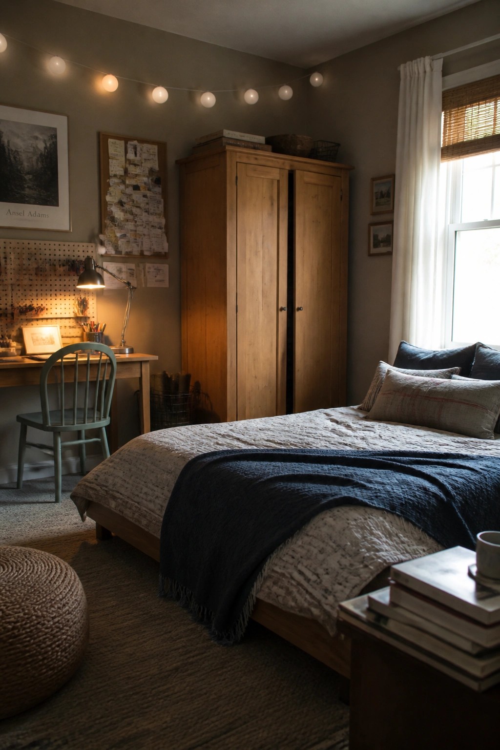 A bedroom with soft gray-green walls, a wooden bed layered with neutral linens and a dark throw, a tall wooden wardrobe, a desk area with string lights, and a window with white curtains.