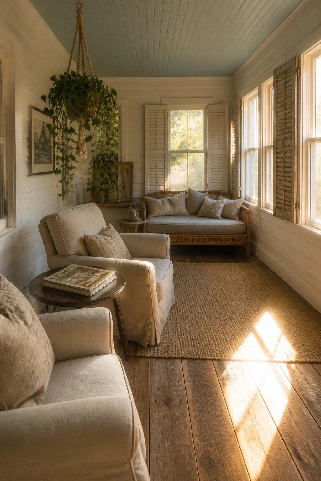 Sunlit porch with beige armchairs, wicker daybed, jute rug, and hanging plants.