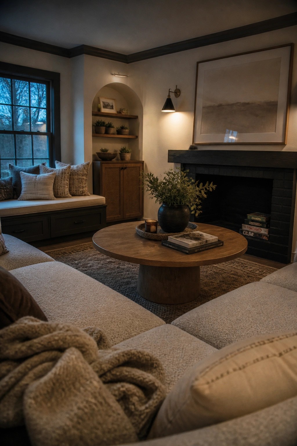 A living room with a beige sectional sofa in the foreground, a round wooden coffee table, a dark wood mantel fireplace, built-in shelves, and a window seat with neutral pillows.