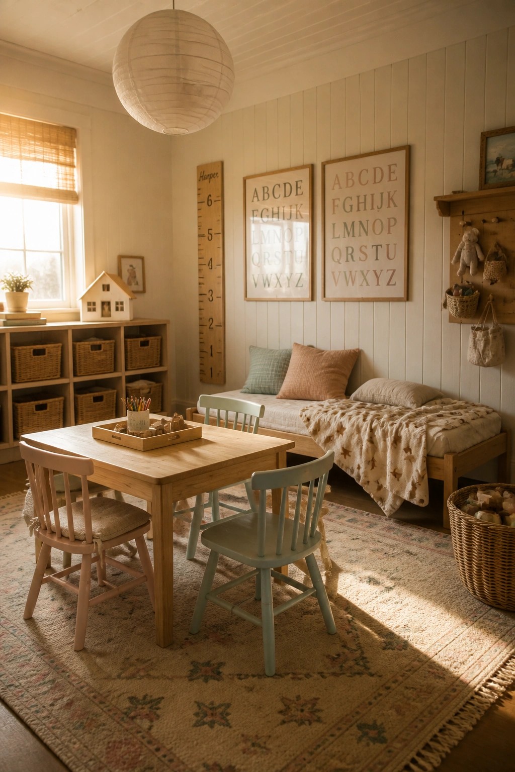 A children's playroom featuring a light wood table with pink and sage green chairs on a patterned rug, a daybed with beige bedding, and alphabet prints on white paneled walls.