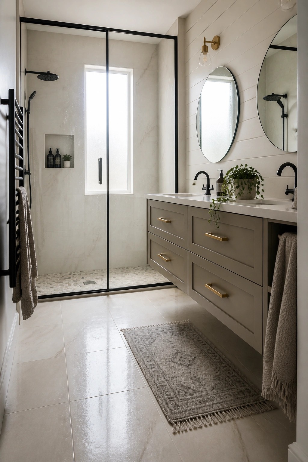A farmhouse bathroom featuring a floating taupe vanity with brass pulls, white marble-look walls and floor, black-framed glass shower, and two round mirrors on the wall.