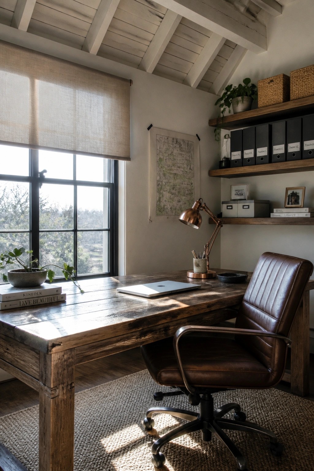A rustic wooden desk with a brown leather swivel chair sits beneath white walls and wooden floating shelves in a sunlit home office.