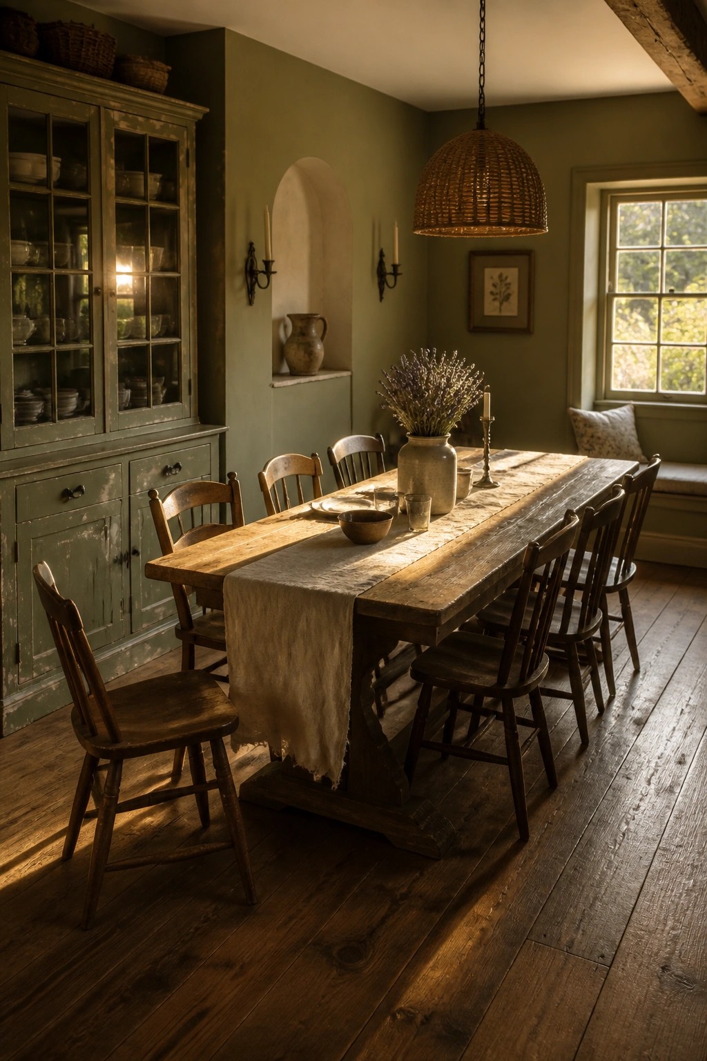 A rustic dining room with sage green walls, a matching distressed cabinet, a long wooden table, and dark wooden chairs under a woven pendant light.