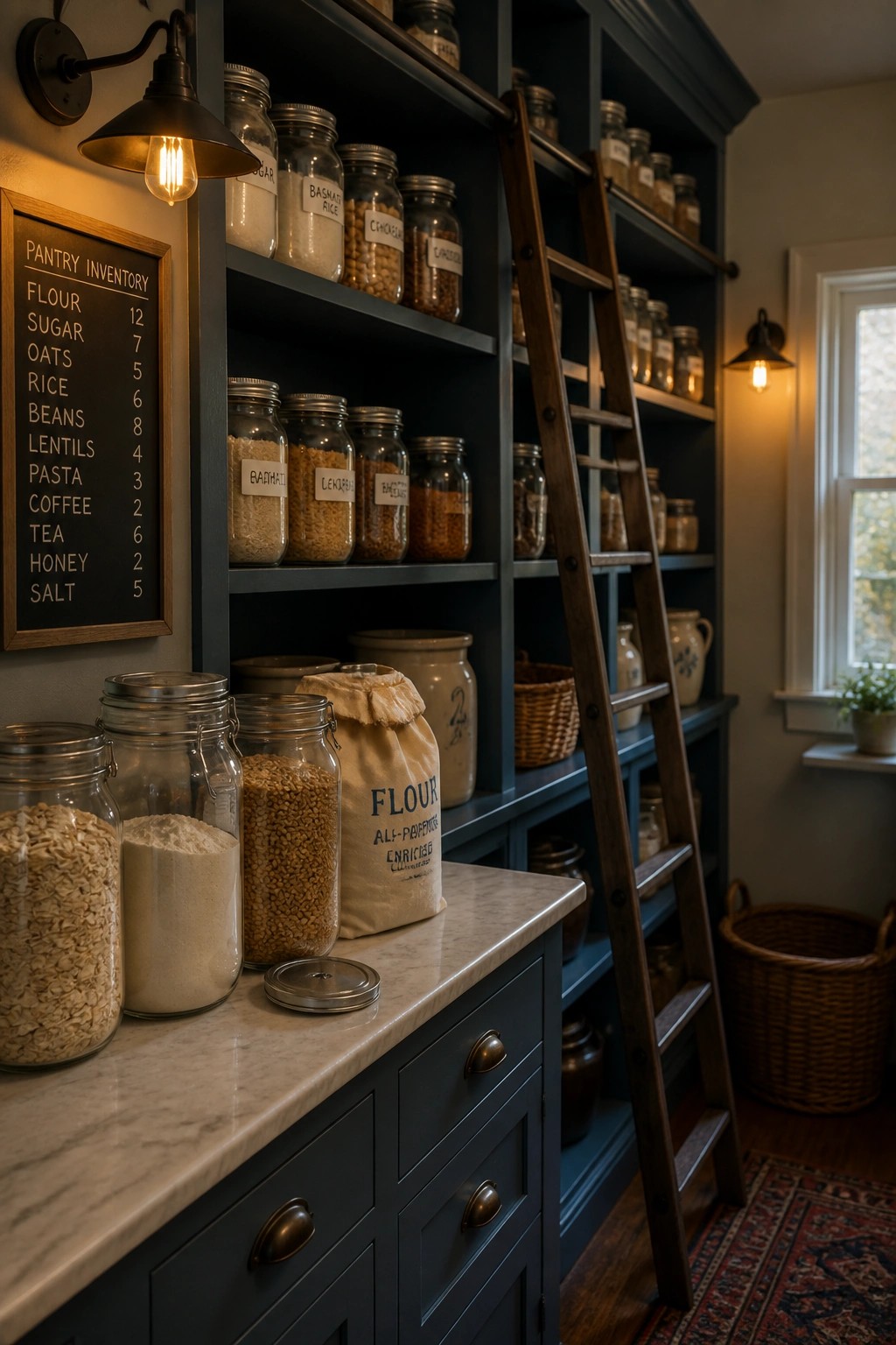 A pantry interior with dark blue painted built-in shelves filled with labeled glass jars, a leaning wooden ladder, and a white marble countertop holding large storage jars.