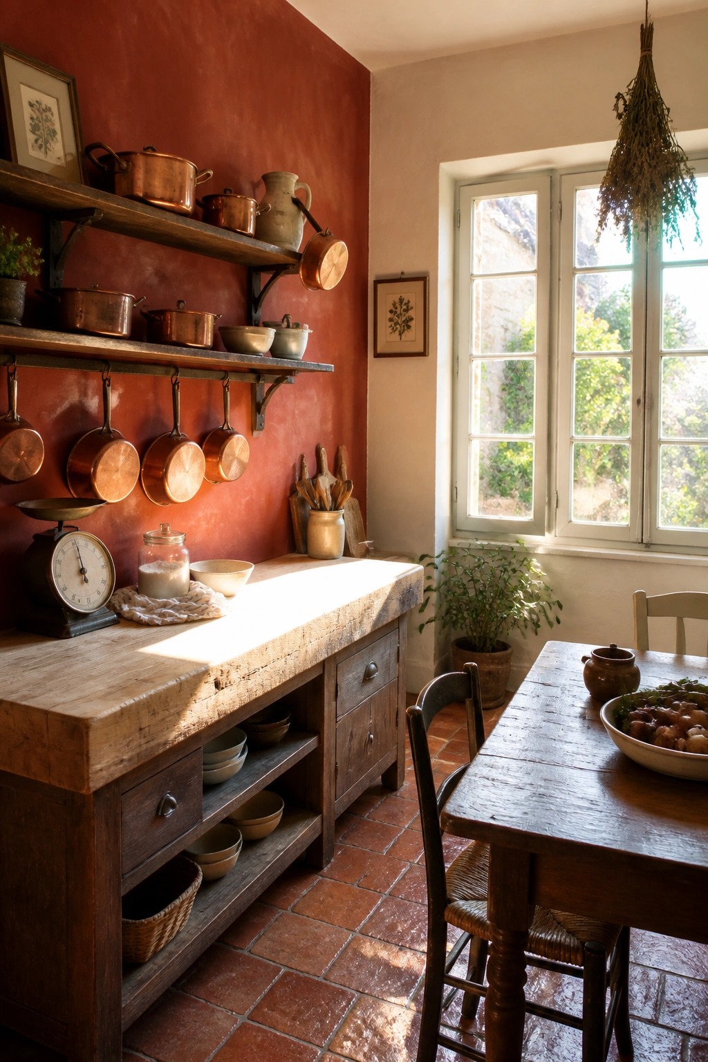 A rustic kitchen interior with a deep red wall, wooden open shelves holding copper pots and pans, a wooden work table, and a dining table near a window.