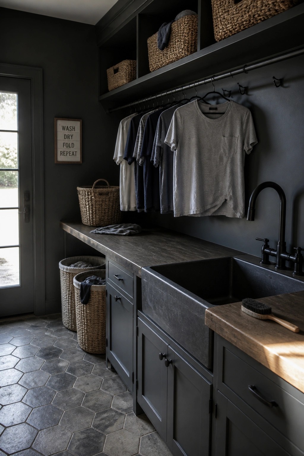 Dark laundry room with hanging t-shirts, black sink, wicker baskets, and tiled floor