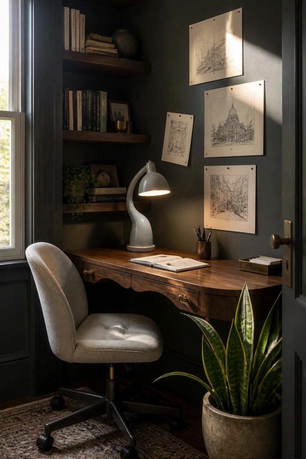 A small home office with dark green walls, a wooden desk, an upholstered swivel chair, built-in wooden shelves, and a lit desk lamp.