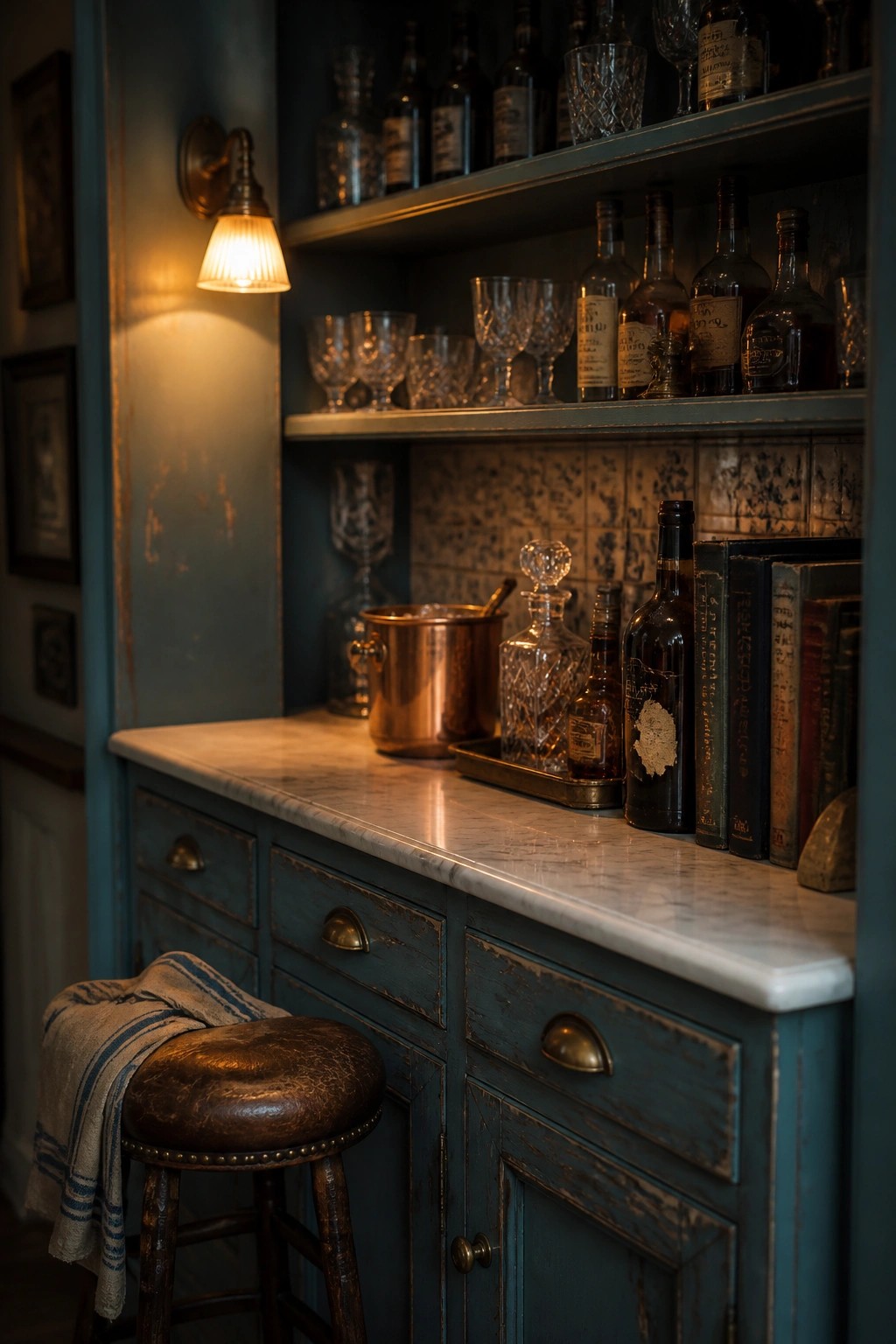 A home bar with distressed blue-green cabinets, a white marble countertop, open upper shelves holding bottles and glassware, and a brown leather stool in front.