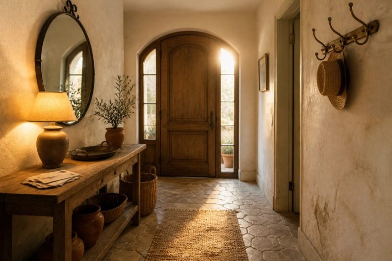 A narrow interior hallway with textured cream walls, a wooden arched door at the end, stone tile flooring, and a wooden console table holding baskets and pottery.