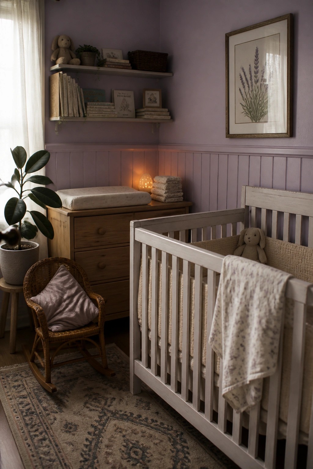 A nursery interior with lavender walls, white wainscoting, a white crib, wooden dresser, and wicker rocking chair.