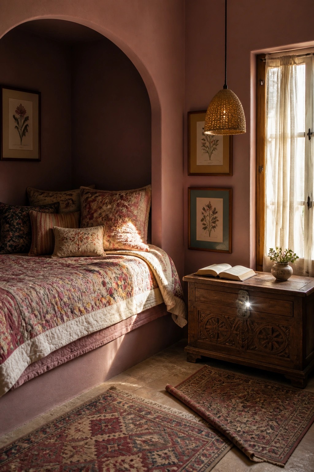 A bedroom with dusty rose walls shows a bed tucked into an arched alcove, layered floral bedding, a wooden chest with an open book, and patterned rugs on a stone floor.