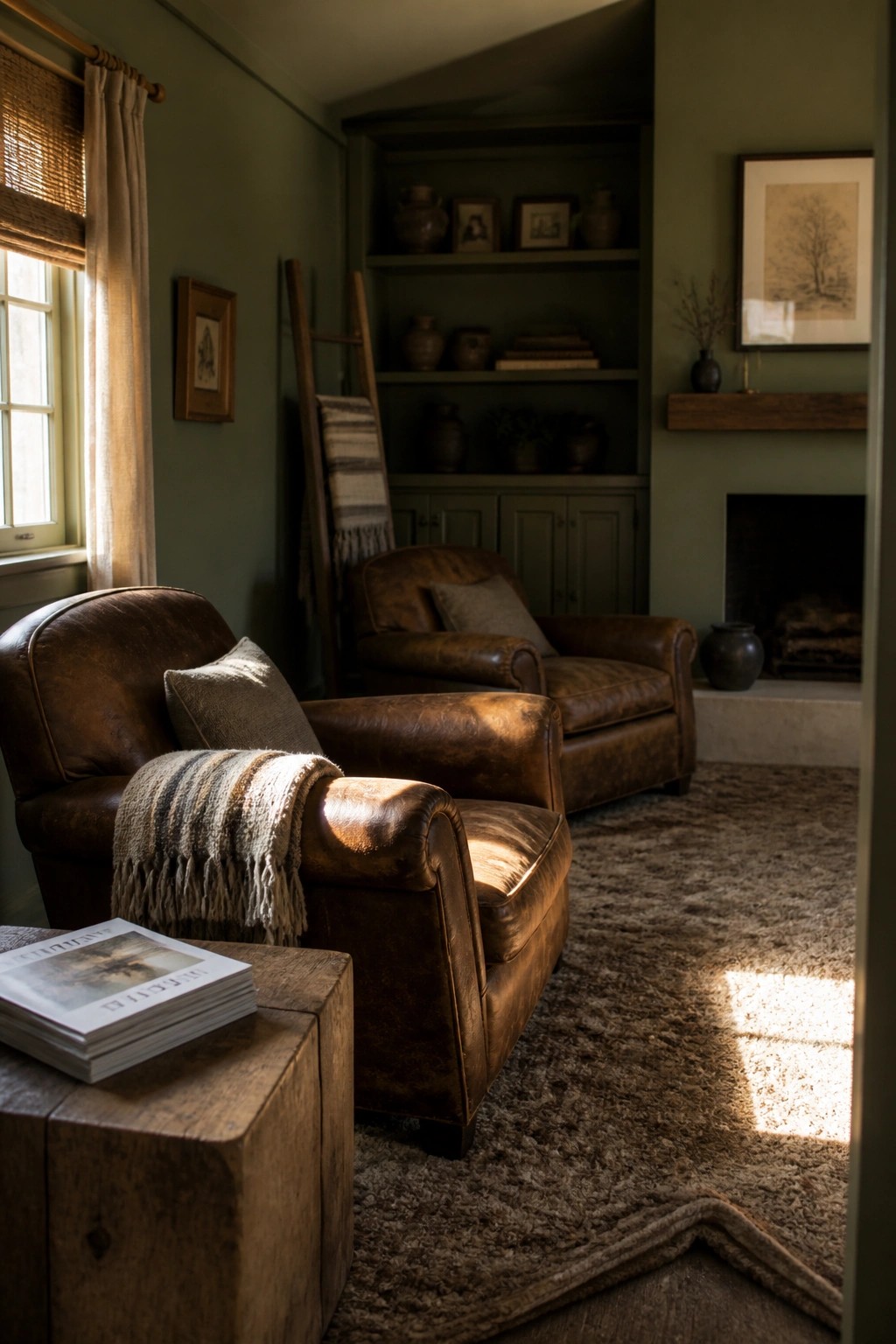 Cozy green living room with brown leather armchairs, sunlight on shaggy rug
