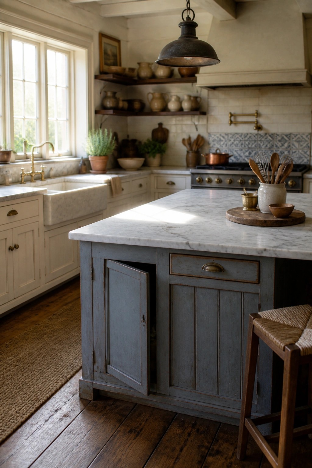 A kitchen interior featuring a distressed blue-gray island with an open door, white cabinets, a marble countertop, and a farmhouse sink near a window.