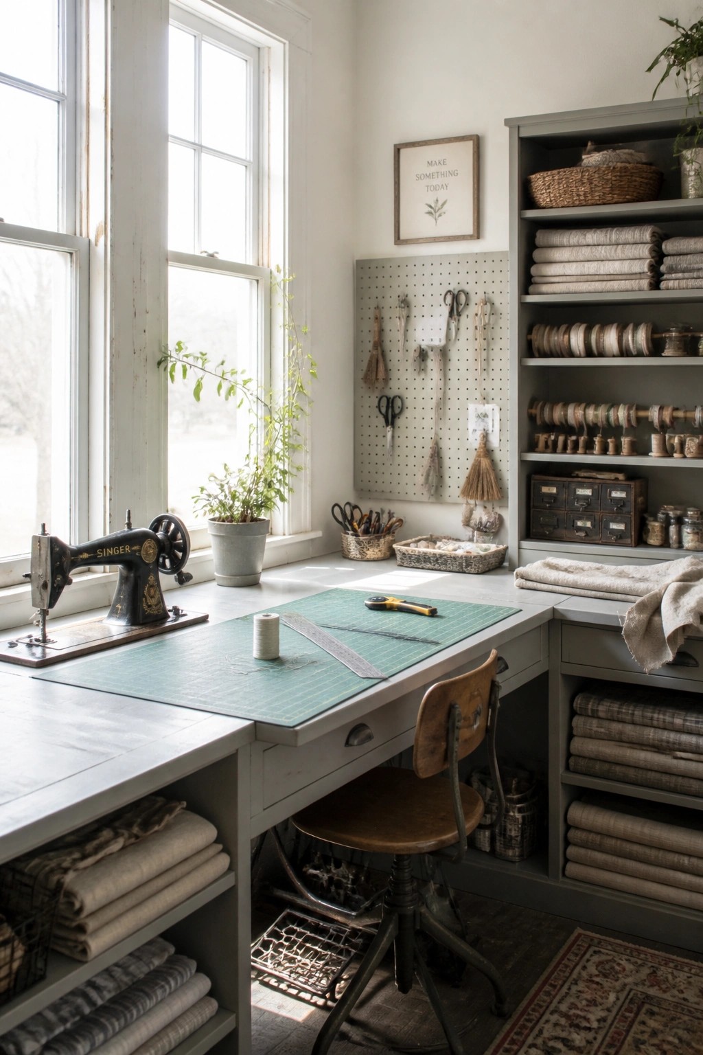 A bright workroom with gray painted desk and open shelving holding stacks of folded fabric, a vintage sewing machine on the left, and a pegboard on the back wall.