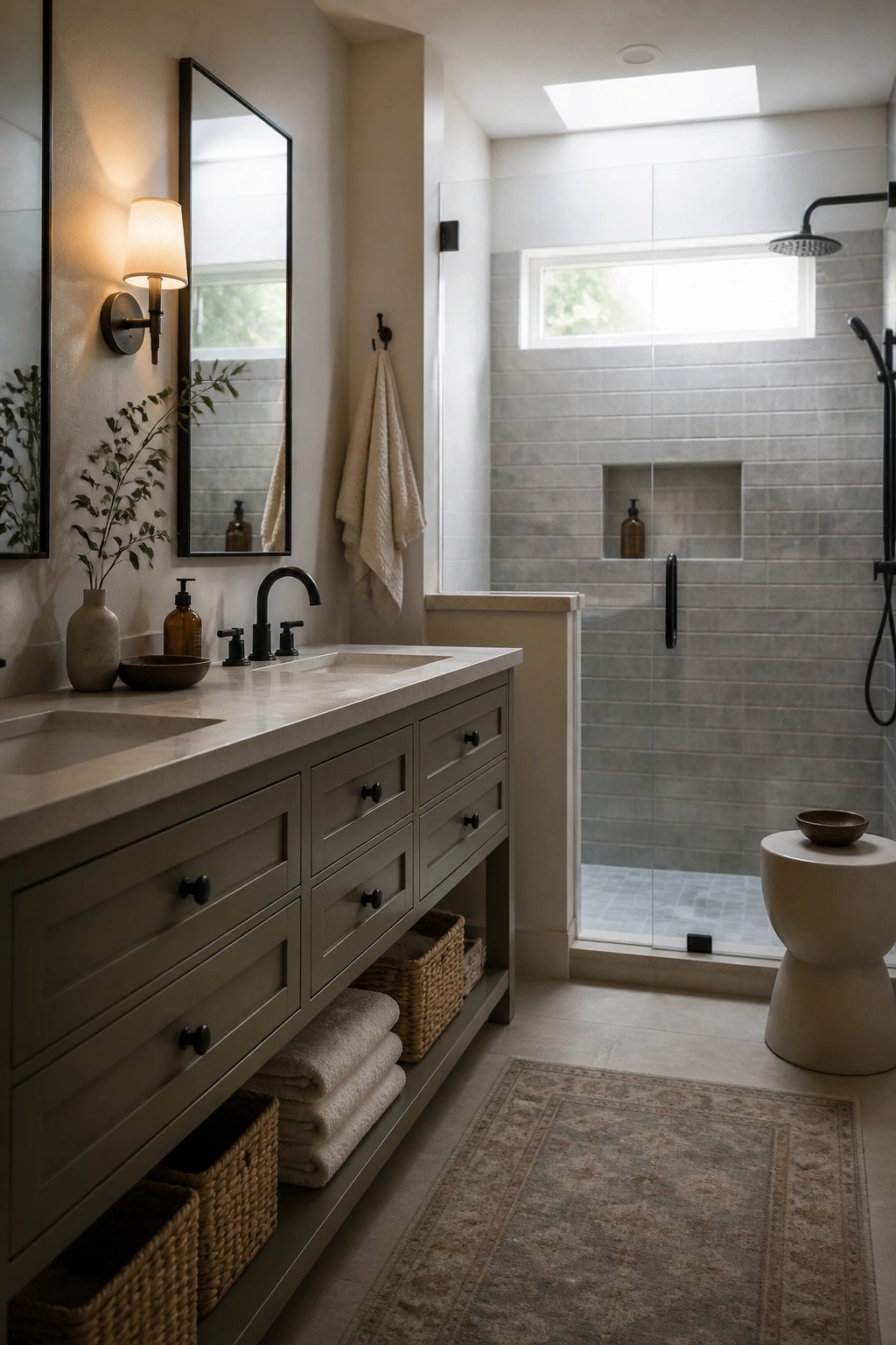 A bathroom with a long sage green vanity cabinet, stone countertop, black fixtures, and a glass shower with gray tile.