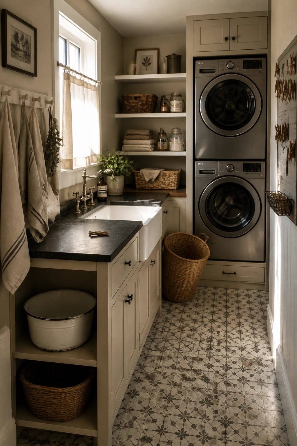 A narrow laundry room with light greige cabinets, a white farmhouse sink, dark countertop, stacked washer and dryer, open shelves, and patterned tile floor.