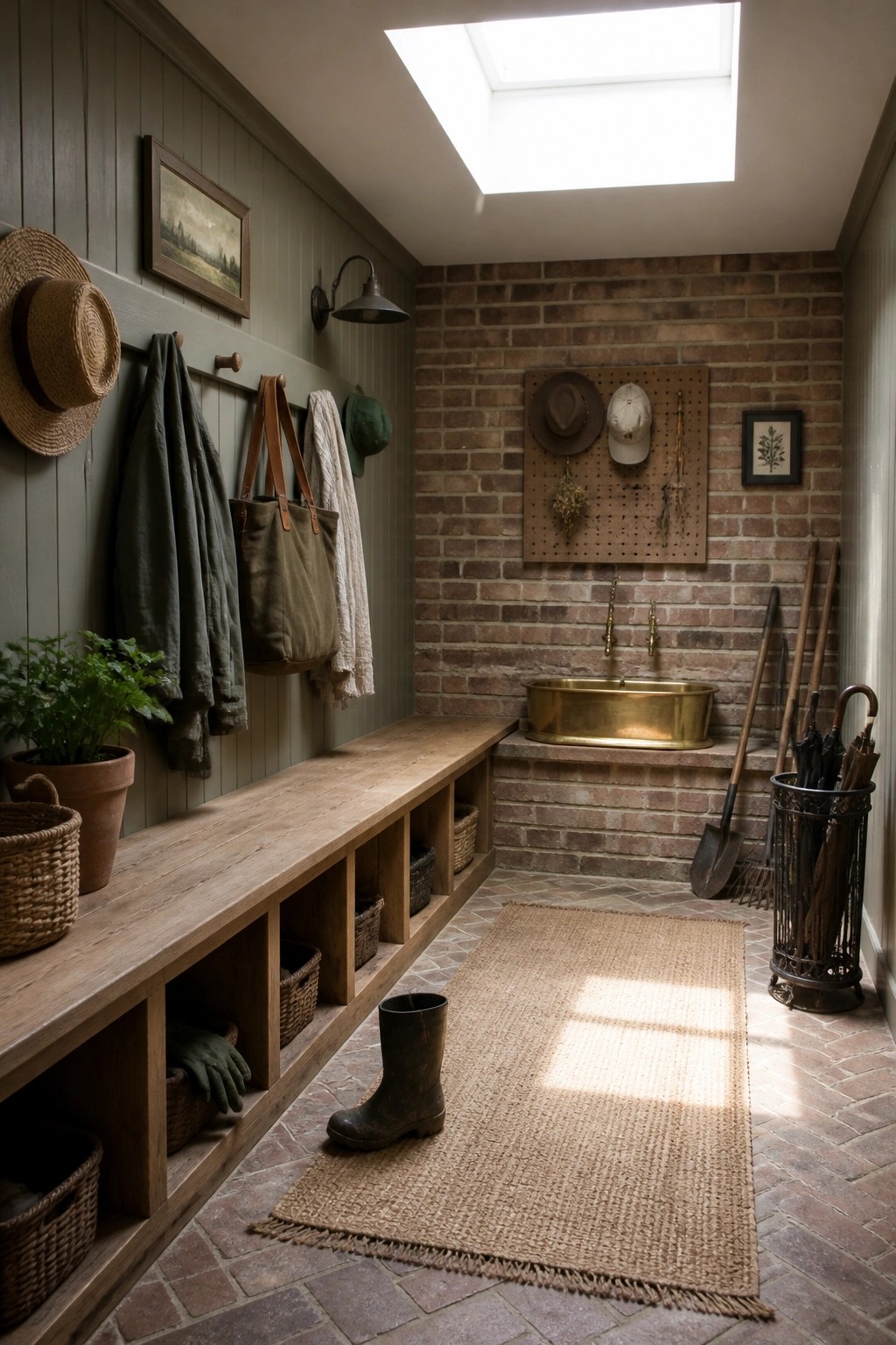 A mudroom interior with sage green paneled walls, a long wooden bench with cubbies, and a brick accent wall holding a brass sink.