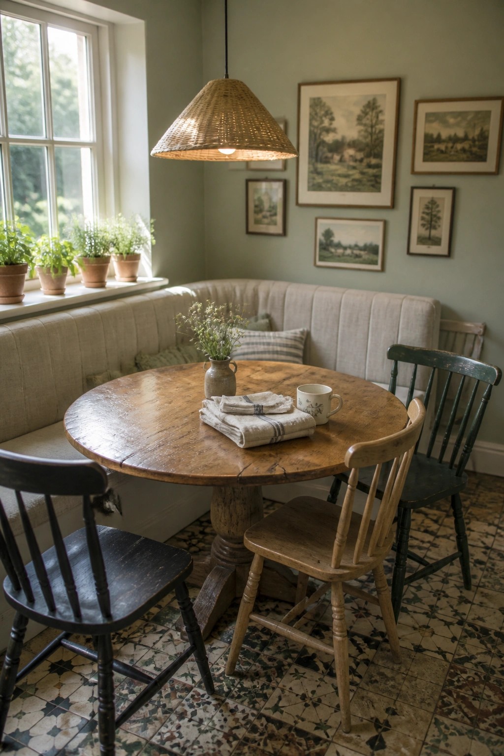 A round wooden dining table with chairs sits in front of a built-in bench beneath a window, against sage green walls with framed prints and potted plants on the sill.