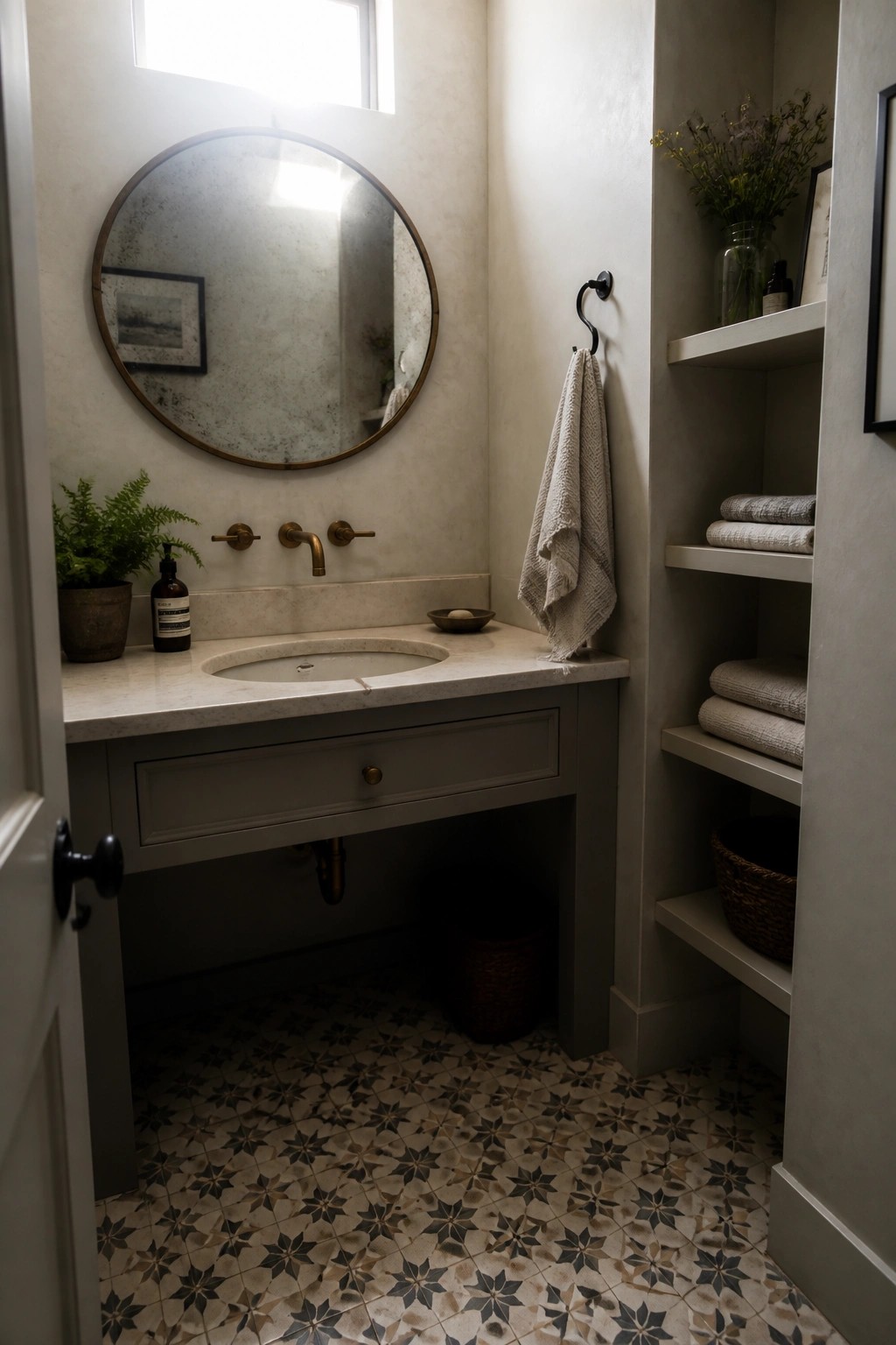 A bathroom interior with textured light beige walls, a round mirror above a gray vanity with marble top, patterned tile floor, and built-in shelves with stacked towels.