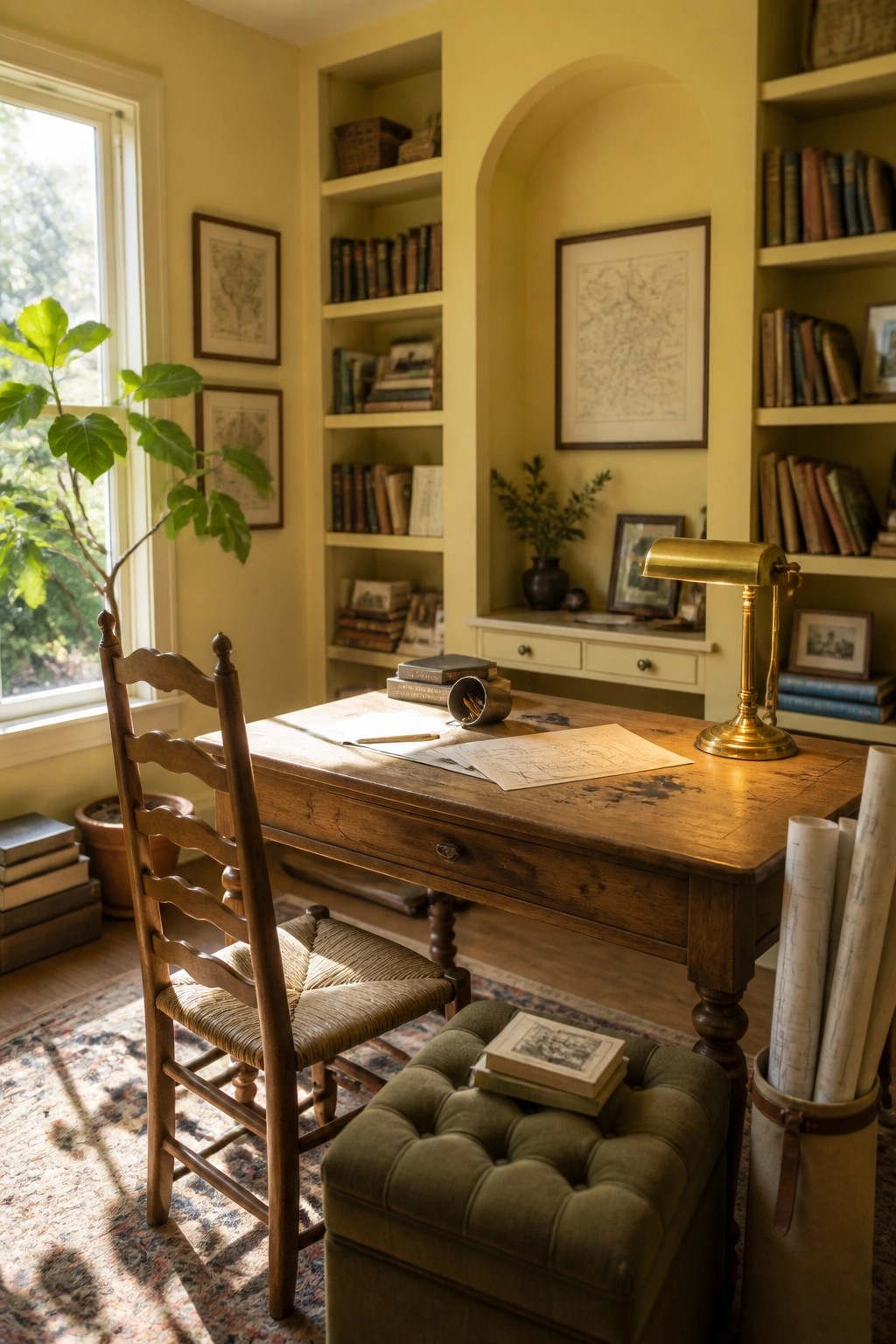 A wooden desk and chair sit in a study with pale yellow walls and built-in bookshelves.